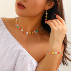 Chic Enamel Daisy Flower Necklace Earrings Bracelet Set