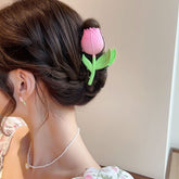 Chic Handmade Enamel Pink Tulip Chignon Claw Clip Hair Clip