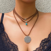 Chic Layered Carved Floral Round Disk Turquoise Pendant Velvet String Necklace