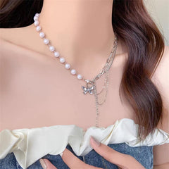 Chic Layered Crystal Butterfly Pearl Chain Necklace