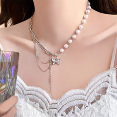 Chic Layered Crystal Butterfly Pearl Chain Necklace