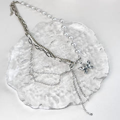 Chic Layered Crystal Butterfly Pearl Chain Necklace