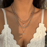 Chic Layered Crystal Cross Heart Pendant Figaro Cable Curb Chain Necklace Set