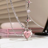 Chic Layered CZ Inlaid Pink Crystal Heart Pendant Star Chain Necklace