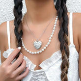 Chic Layered Floral Heart Pendant Pearl Chain Necklace Set