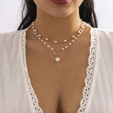 Chic Layered Hollow Heart Charm Pearl Chain Choker Necklace Set