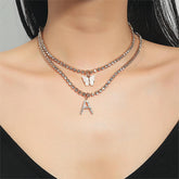 Chic Layered Rhinestone Inlaid Butterfly Initial Letter Pendant Choker Necklace Set