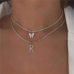 Chic Layered Rhinestone Inlaid Butterfly Initial Letter Pendant Choker Necklace Set
