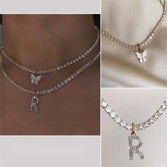 Chic Layered Rhinestone Inlaid Butterfly Initial Letter Pendant Choker Necklace Set