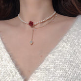 Chic Layered Rhinestone Tassel Rose Pearl Chain Choker Necklace