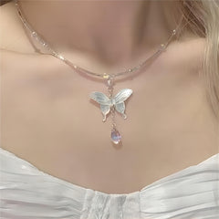 Chic Natural Pearl Shell Butterfly Pendant Crystal Necklace
