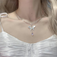 Chic Natural Pearl Shell Butterfly Pendant Crystal Necklace