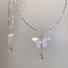 Chic Natural Pearl Shell Butterfly Pendant Crystal Necklace