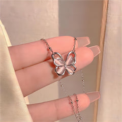 Chic Pink Cats Eye Stone Butterfly Necklace