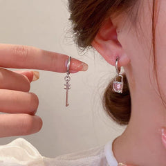 Chic Pink Crystal Heart Dangling Key Lock Huggie Hoop Earrings