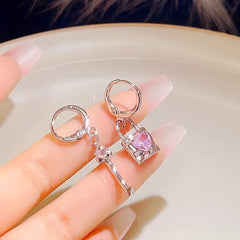 Chic Pink Crystal Heart Dangling Key Lock Huggie Hoop Earrings
