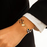 Chic Toggle Clasp Checkered Heart Charm Curb Chain Bracelet