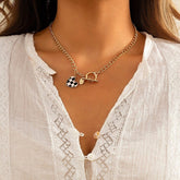 Chic Toggle Clasp Checkered Heart Pendant Curb Chain Necklace