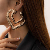 Chunky Gold Silver Tone Bamboo Pattern Dangle Heart Earrings