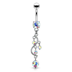 Classic Traditional Vine Prong Aurora Borealis Dangling Surgical Steel Belly Button Navel Ring