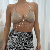 Crystal Body Chain Bra with Rhinestone Inlay and Tassel Detail - 18k Gold Silver Plated