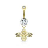 Cute Small CZ Dangle Bumble Bee Gold PVD Surgical Steel Belly Ring