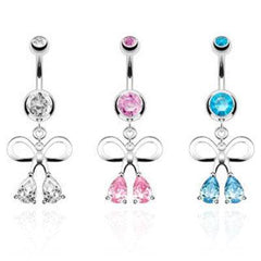 Cute Surgical Steel Belly Button Navel Ring with Dangling Ribbon with Teardrop CZs