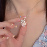 Dainty CZ Inlaid Pink Crystal Bowknot Heart Necklace