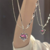 Dainty Layered CZ Inlaid Purple Crystal Heart Pendant Star Chain Necklace