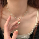 Dainty Layered Floral Heart Pendant Pearl Chain Choker Necklace Set