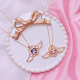 Dainty Pearl Inlaid Colorful Crystal Angel Heart Wings Necklace