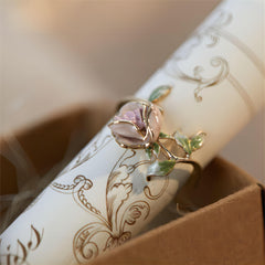 Exquisite Enamel Pink Rose Open Ring
