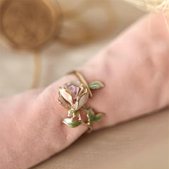 Exquisite Enamel Pink Rose Open Ring