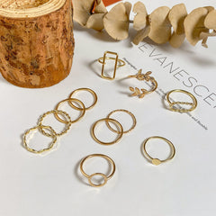 Geometric 11 Pieces Metallic Rings Set