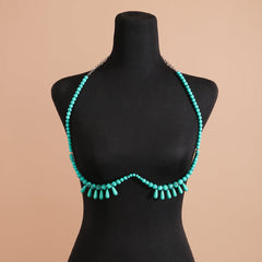 Geometric Backless Turquoise Tassel Bra