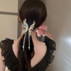 Geometric CZ Inlaid Pearl Chain Tassel Butterfly Chignon Claw Clip Hair Clip