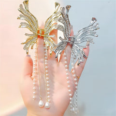 Geometric CZ Inlaid Pearl Chain Tassel Butterfly Chignon Claw Clip Hair Clip