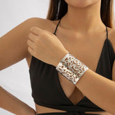 Geometric Gold Silver Tone Metallic Carved Floral Open Wide Cuff Bangle Bracelet