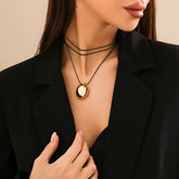 Geometric Gold Silver Tone Metallic Oval Pendant Wax Cord Necklace