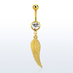 Gold Plated 316L Surgical Steel Angel Feather WIng Dangle Belly Button Ring