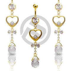 Gold Plated Clear CZ Heart and Bow Dangle Belly Button Navel Ring