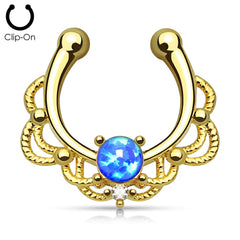 Gold Plated Fake "faux" Synthetic Opal Center Lace Septum Ring