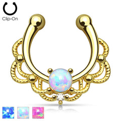 Gold Plated Fake "faux" Synthetic Opal Center Lace Septum Ring