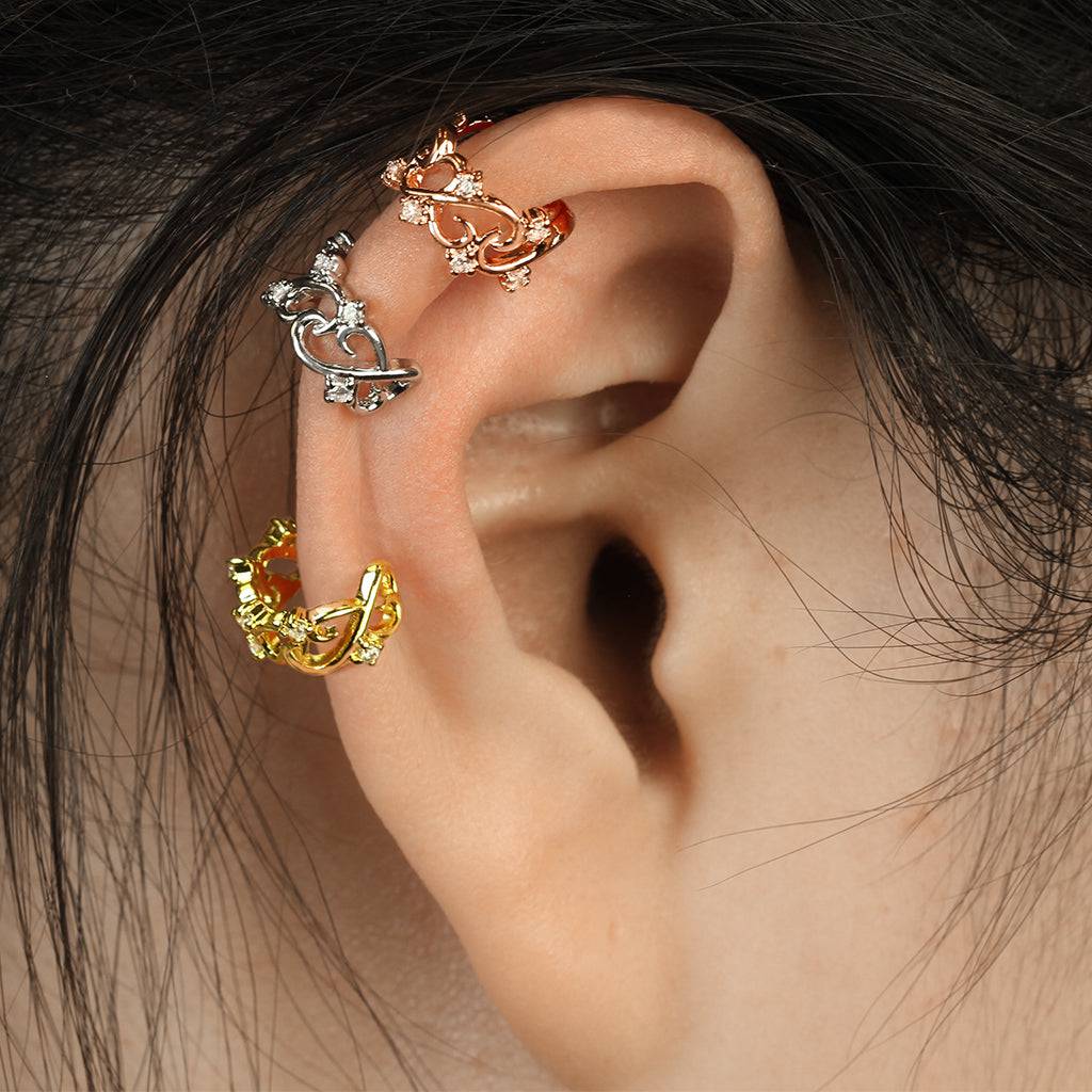 Gold Plated Linked Heart CZ Fake Non Piercing Brass Ear Cuff