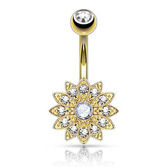 Gold Plated over Surgical Steel Paved CZ Flower with White Center Stone