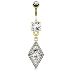 Gold Plated Surgical Steel Belly Ring with Large Paved CZ Center Dangle