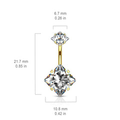 Gold Plated Surgical Steel Double Square White CZ Gem Belly Button Ring