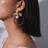Gold Silver Tone Floral Big Hoop Earrings - Minimalist Oversize Bloosom Loop Earrings