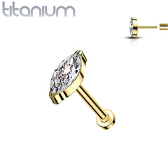 Implant Grade Titanium Gold PVD Threadless Push In Labret White Marquise CZ Stud