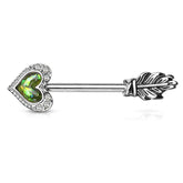 Green Opal Heart & Feather Arrow Surgical Steel Nipple Ring Barbell